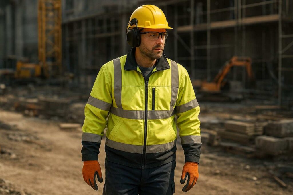 Construction worker wearing full PPE design including helmet, high-visibility jacket, safety shoes, gloves, eye and hearing protection on a construction site