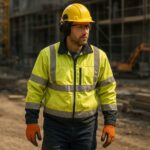 Construction worker wearing full PPE design including helmet, high-visibility jacket, safety shoes, gloves, eye and hearing protection on a construction site